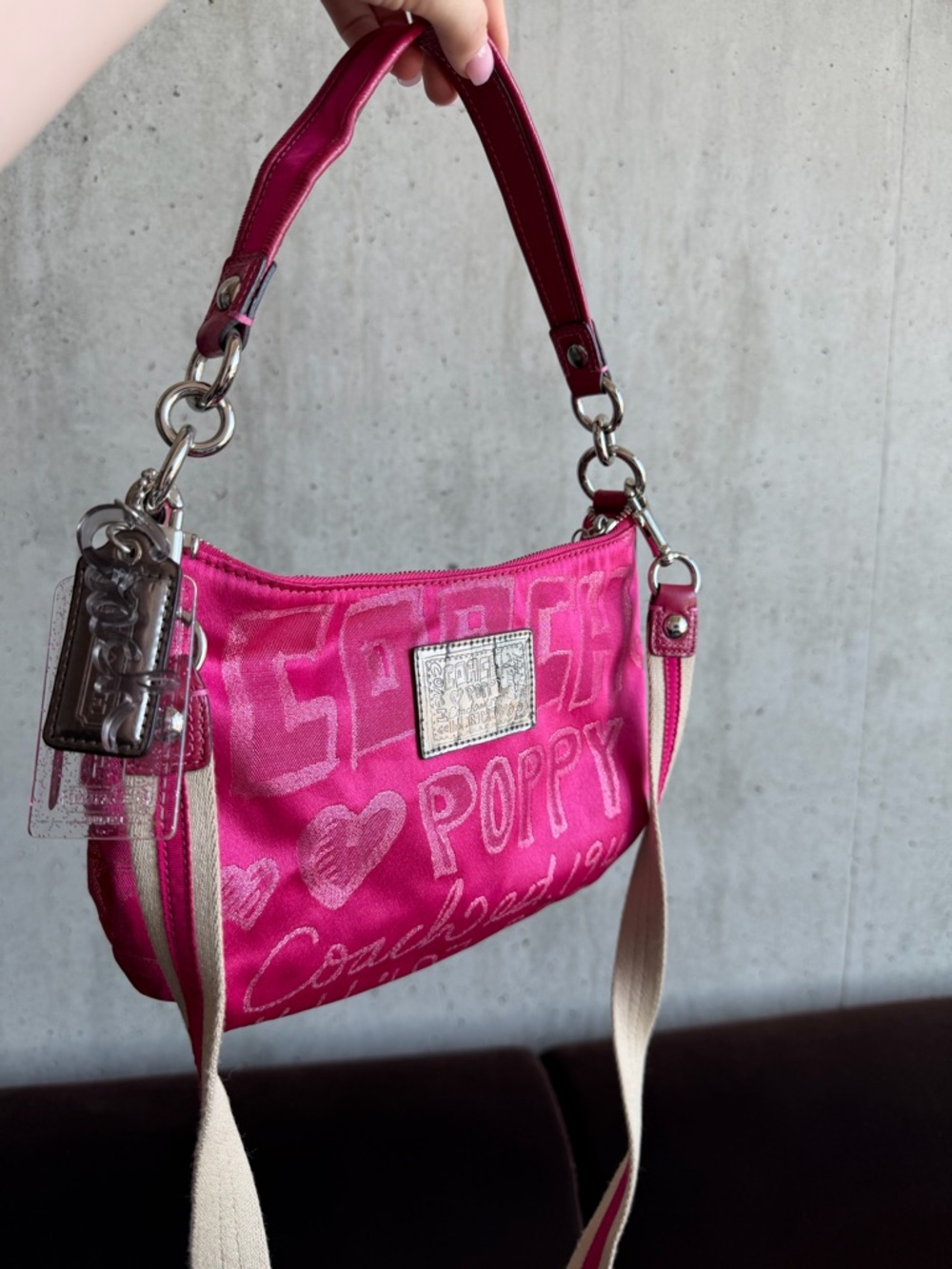Coach Hot Pink Poppy Embroidered Canvas Shoulder Bag